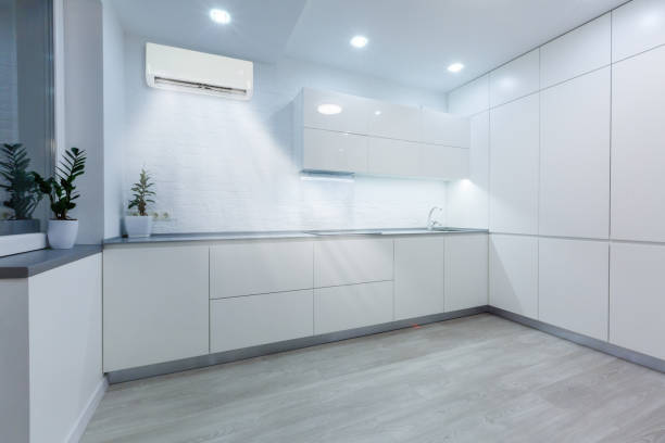 Modern kitchen and dining area in modern suburban house