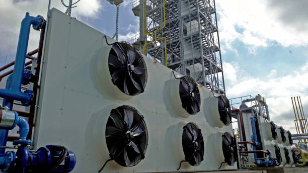 Air conditioning system assembled on top of industrial building. Cooling system outdoors at industrial plant